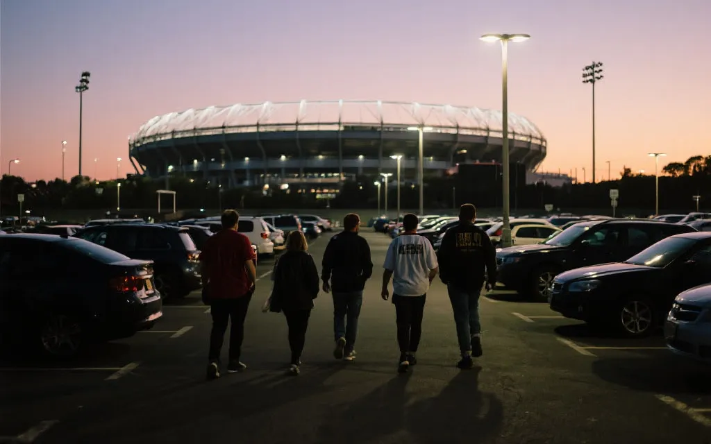 球迷从外圈停车点步行前往球场的黄昏氛围画面
